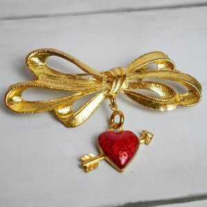 Phister Ent 1996 Ribbon Red Enamel Dangle Heart Brooch Valentine's Day Gold Tone